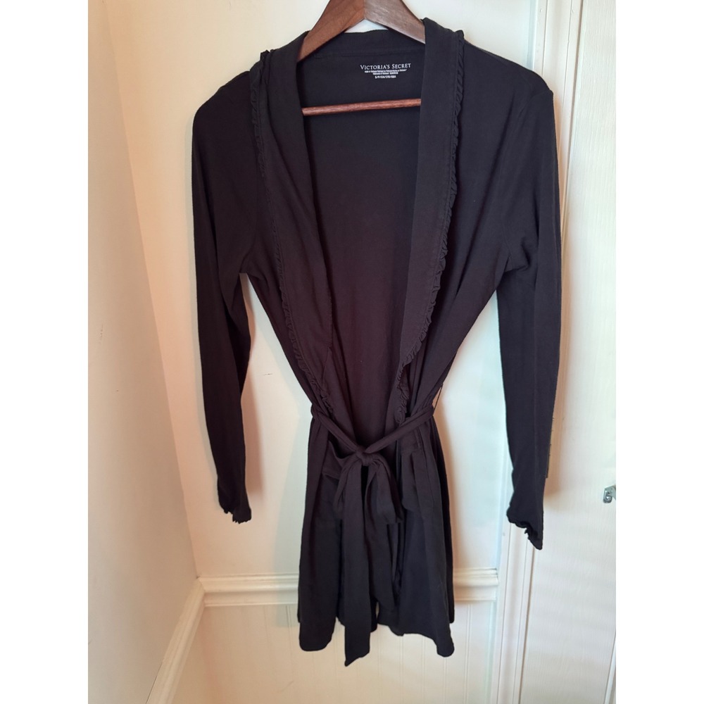 Victorias Secret Black Ruffle Trim Short Robe Cotton Blend Long Sleeve Small
